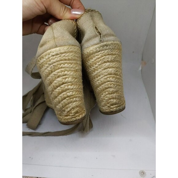 Tory Burch Brown Canvas Tie Wrap Espadrille Wedge Heels Size 9 FLAWED - Picture 16 of 16